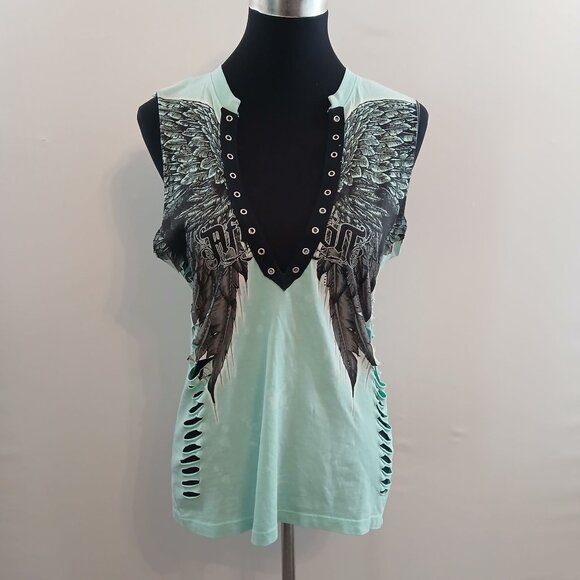 Affliction Tops - Affliction Women's Winged Graphic Cutout Tank Top Size Small